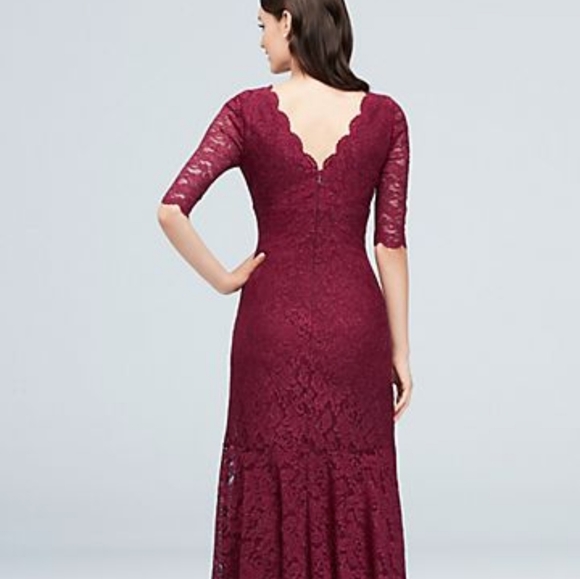 Davids Bridal V Neck Ruched Lace Mermaid Gown 3/4 Sleeves - Picture 2 of 3